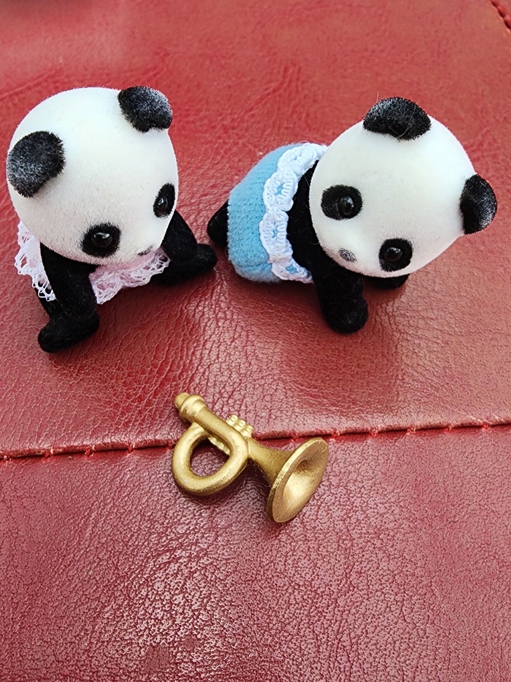 Pair of Mini Flocked Panda Figurines - Black, White & Blue